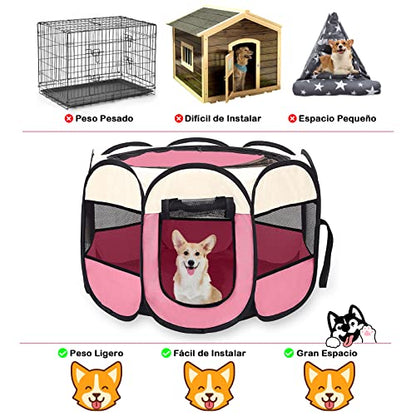 Kokila Corral Portátil Plegable para Mascotas, Carpa para Mascotas, Jaula para Mascotas de 73 x 73 x 43 cm, para Perros, Gatos, Conejos y Pequeños Animales, Jaula Octagonal Lavable para Mascotas, Rosa