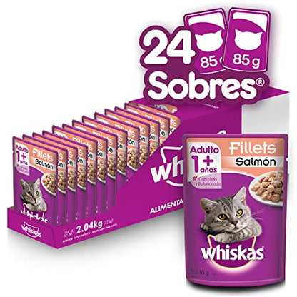 Whiskas Alimento Húmedo para Gatos, Sabor Salmón 85g c/u. Paquete de 24 Unidades