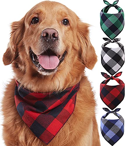 Odi Style Buffalo Plaid - Paquete de 4 pañuelos de algodón, pañuelos triangulares, accesorios para perros pequeños, medianos y grandes, cachorros de mascotas, negro y blanco, rojo, verde, azul y azul marino