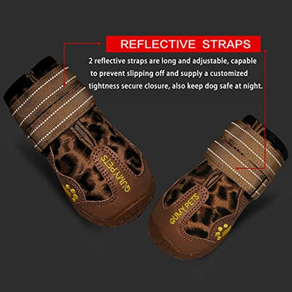 QUMY Botas de Perro Zapatos Impermeables para Perros Grandes con Correas Reflectante Resistente Antideslizante (Size 7: 3.1"x2.7"(L*W) for 63-75 lbs, Leopardo)