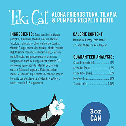 Alimento enlatado para gatos Tiki Cat Aloha Friends - Alimento para gatos rico en nutrientes - 5.5 oz. (Paquete de 8) - Atún, Tilapia y Calabaza