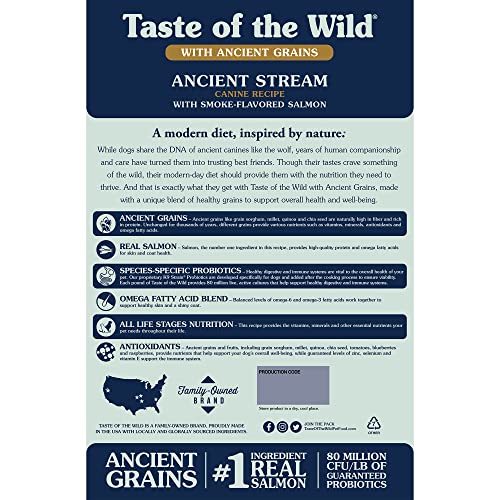 Receta canina Taste of the Wild Ancient Stream con salmón ahumado y granos antiguos, 28 lb