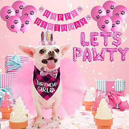 STMK Traje de cumpleaños para perro, bandana de cumpleaños para perro con número de cumpleaños, sombrero de pajarita, tutú, falda de pastel de juguete, globos de pata de pata, cartel de feliz cumpleaños para perro, cachorro, suministros de fiesta de cumpl