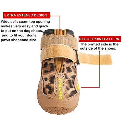 QUMY Botas de Perro Zapatos Impermeables para Perros Grandes con Correas Reflectante Resistente Antideslizante (Size 7: 3.1"x2.7"(L*W) for 63-75 lbs, Leopardo)