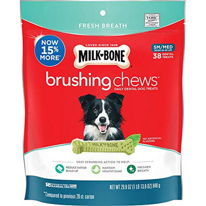 Milk-Bone Brushing Chews golosinas dentales diarias para perros, aliento fresco, pequeño-mediano, bolsa de 29,9 oz