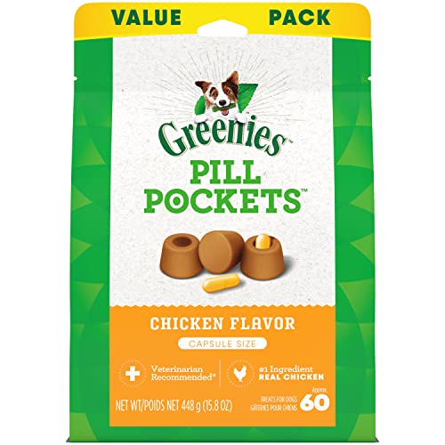 GREENIES PILL POCKETS Golosinas blandas para perros, pollo, cápsula 15.8 oz. paquete de 60 unidades