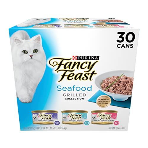 PURINA Fancy Feast - Paquete variado de comida húmeda para gatos Grilled Seafood Collection, treinta latas de 3 onzas