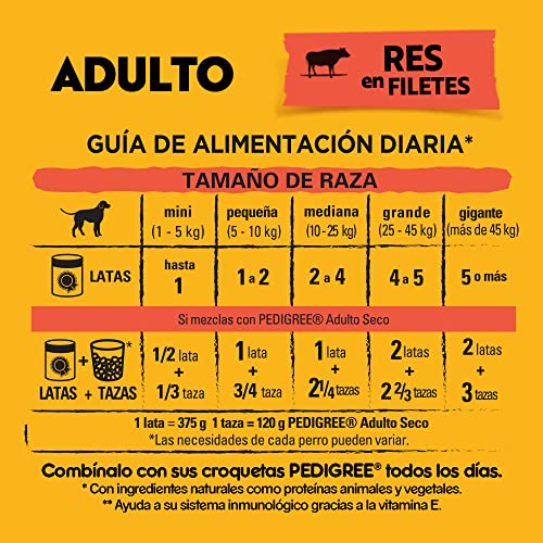 PEDIGREE Alimento para Perros Adultos, Sabor Res En Filetes 375 Gr, Paquete De 24 Latas