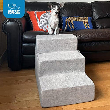 Escaleras plegables para mascotas hechas en Estados Unidos con espuma certificada CertiPUR-US por Best Pet Supplies – lino gris, 3 peldaños (H: 41,9 cm)