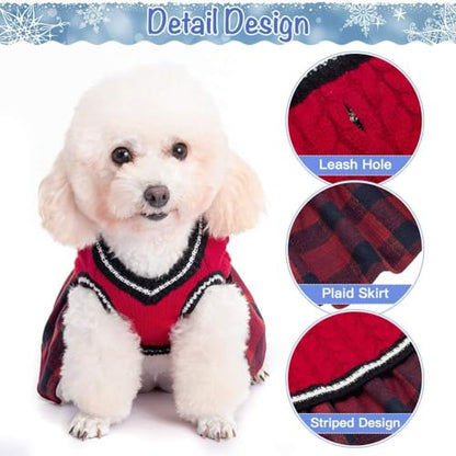 BINGPET Vestido de suéter para perro, patrón a cuadros, cálido suéter con agujero para correa, cuello en V, suéter para mascotas, vestido de punto de gato, vestido de una pieza para perros y gatos pequeños a medianos