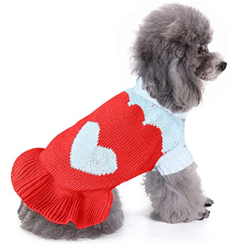 CHBORCHICEN - Suéteres clásicos de punto para mascotas, cuello alto, ropa cálida de invierno para cachorros, lindo suéter de fresa y corazón (M, vestido-rojo2)