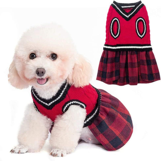 BINGPET Vestido de suéter para perro, patrón a cuadros, cálido suéter con agujero para correa, cuello en V, suéter para mascotas, vestido de punto de gato, vestido de una pieza para perros y gatos pequeños a medianos