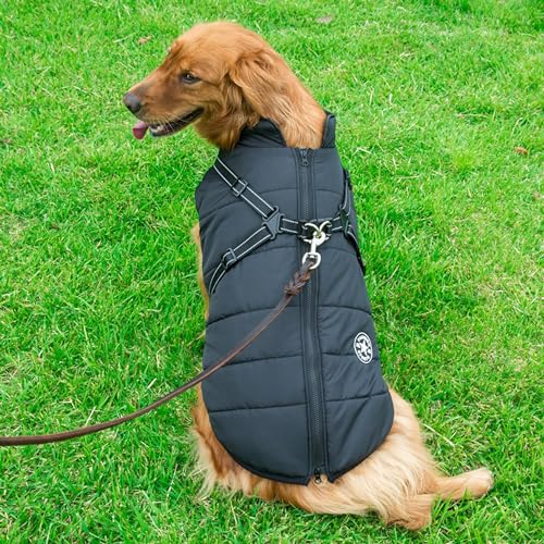 BiJiBiBog Chaqueta Impermeable para Perros con Arnés, Abrigo Fuse Winter Doggie Coat Warm Premium Fleece Forrado Dog Vest con Anillo en Forma de D (Negro, XXXXX-Large)