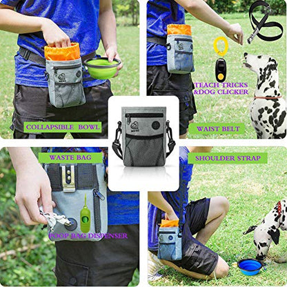 6 en 1 Set Bolsa de entrenamiento para perros Bolsa de Tratamiento Para Mascotas Almacenamiento Para Perros Bolsa de Malla Juguetes Para Mascotas Dispensador de Bolsa 3 Formas de Llevar con Cinturón Ajustable Correa incluyen Tazones Plegables para Mascota